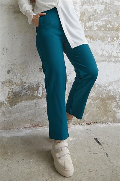 Yüksek Bel Pensli Duble Kumaş Pantolon - Petrol Mavisi