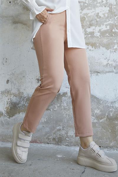 Yüksek Bel Pensli Duble Kumaş Pantolon - Sütlü Kahve