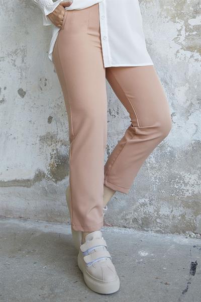 Yüksek Bel Pensli Duble Kumaş Pantolon - Sütlü Kahve
