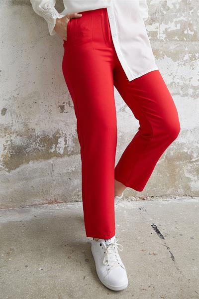 Yüksek Bel Pensli Duble Kumaş Pantolon - Kırmızı