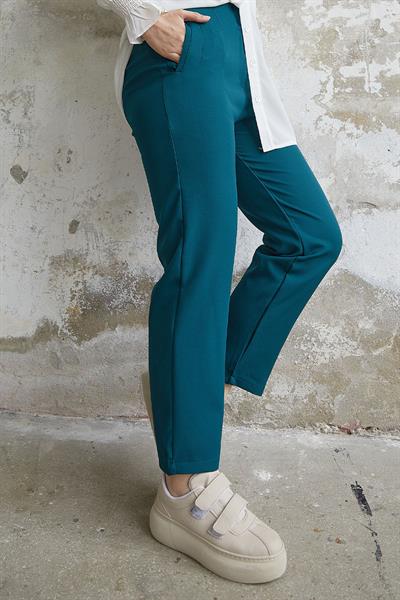 Yüksek Bel Pensli Duble Kumaş Pantolon - Petrol Mavisi