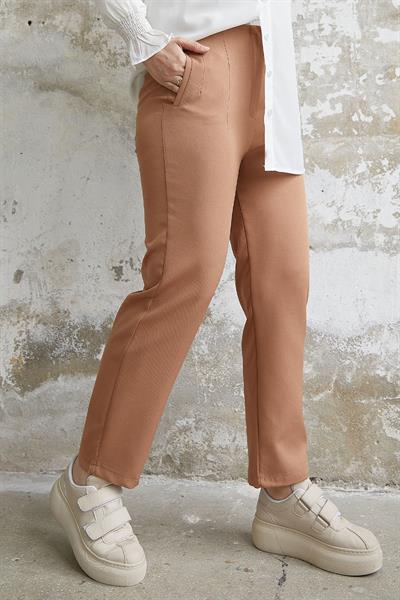 Yüksek Bel Pensli Duble Kumaş Pantolon - Camel