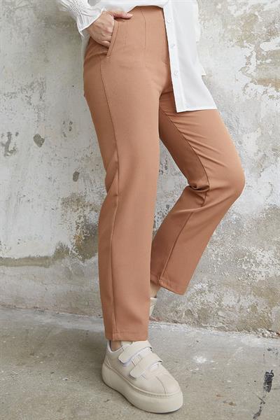 Yüksek Bel Pensli Duble Kumaş Pantolon - Camel