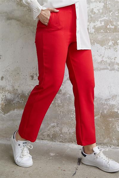 Yüksek Bel Pensli Duble Kumaş Pantolon - Kırmızı