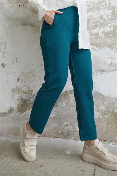 Yüksek Bel Pensli Duble Kumaş Pantolon - Petrol Mavisi