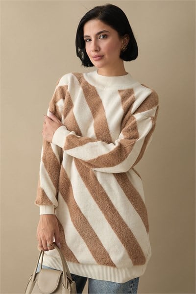 Plush Double-Strap Beige Knit Sweater
