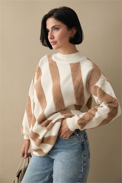Plush Double-Strap Beige Knit Sweater