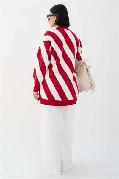 Yumoş Çift Şeritli Kırmızı Triko Kazak