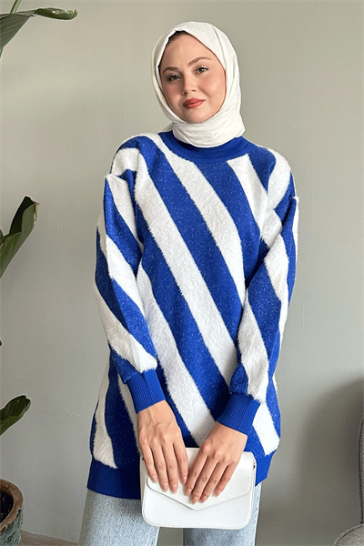 Yumoş Çift Şeritli Mavi Triko Kazak