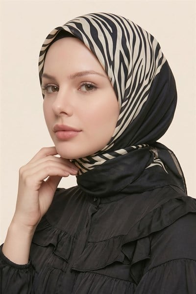 Zebra Dalga Desen Siyah-Krem Soft Pamuk Eşarp
