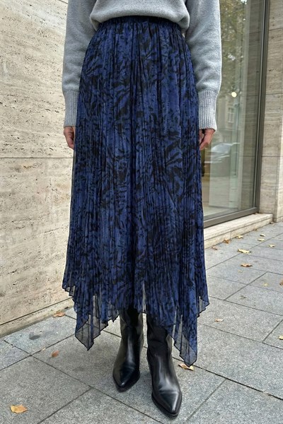 Zebra Desen Asimetrik Mavi Kırışık Şifon Etek