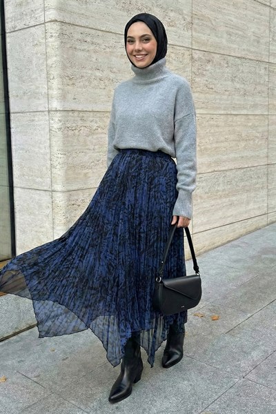 Zebra Desen Asimetrik Mavi Kırışık Şifon Etek