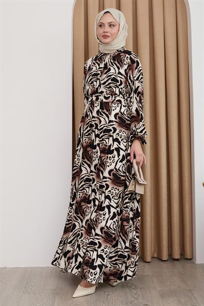 Zebra Desen Kahverengi Viskon Elbise