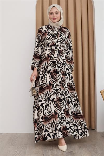 Zebra Desen Kahverengi Viskon Elbise