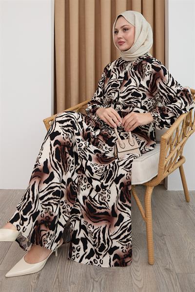 Zebra Desen Kahverengi Viskon Elbise