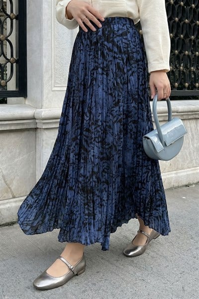 Zebra Desen Kraş İndigo Etek