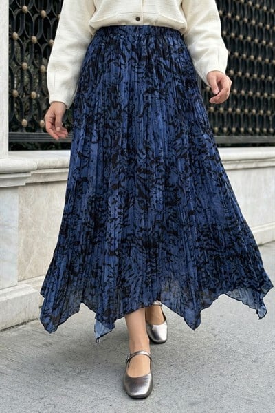 Zebra Desen Kraş İndigo Etek