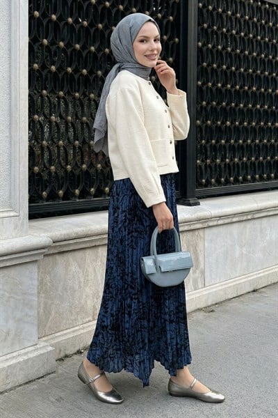 Zebra Desen Kraş İndigo Etek