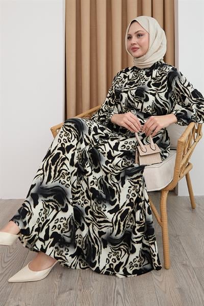 Zebra Desen Siyah Viskon Elbise