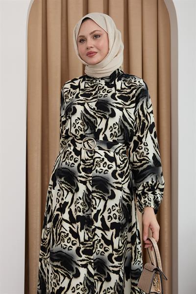 Zebra Desen Siyah Viskon Elbise