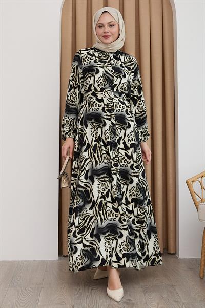 Zebra Desen Siyah Viskon Elbise