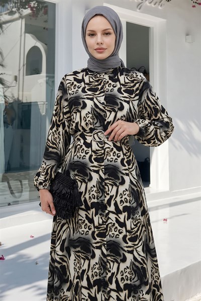 Zebra Desen Siyah Viskon Elbise