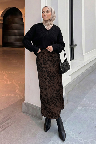 Zebra Desenli Acı Kahve Saten Etek