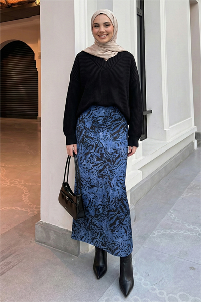Zebra Desenli Mavi Saten Etek