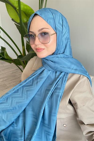 Zikzak Çizgili Mavi Jakar Şal