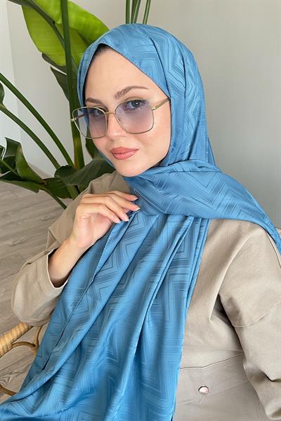 Zikzak Çizgili Mavi Jakar Şal