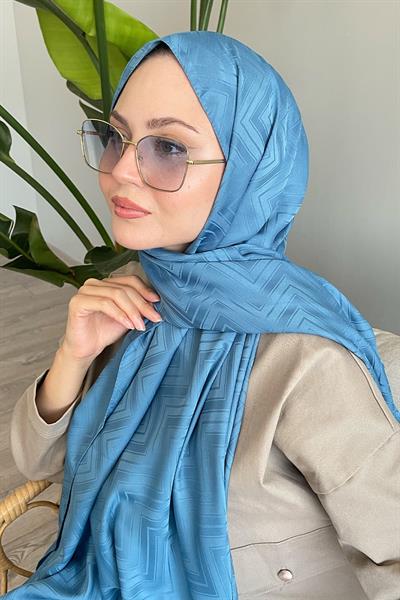 Zikzak Çizgili Mavi Jakar Şal