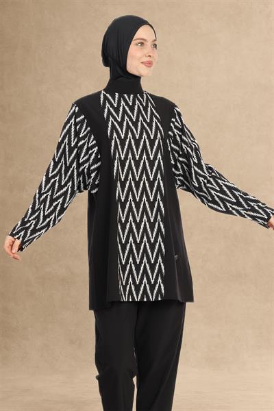 Zikzak Desen 4 Parça Siyah Tesettür Mayo 6249A