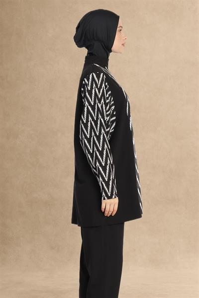 Zikzak Desen 4 Parça Siyah Tesettür Mayo 6249A