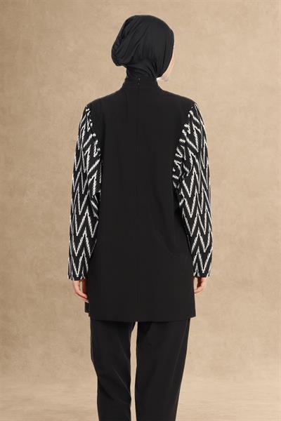 Zikzak Desen 4 Parça Siyah Tesettür Mayo 6249A