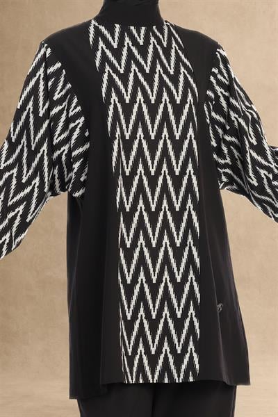 Zikzak Desen 4 Parça Siyah Tesettür Mayo 6249A