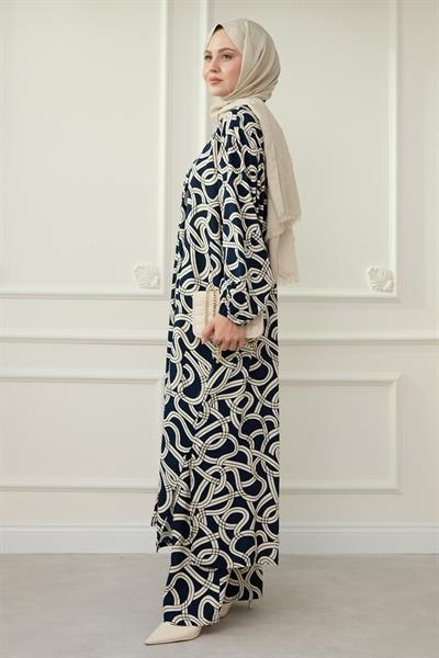 Zincir Desen Uzun Kimonolu Lacivert takım
