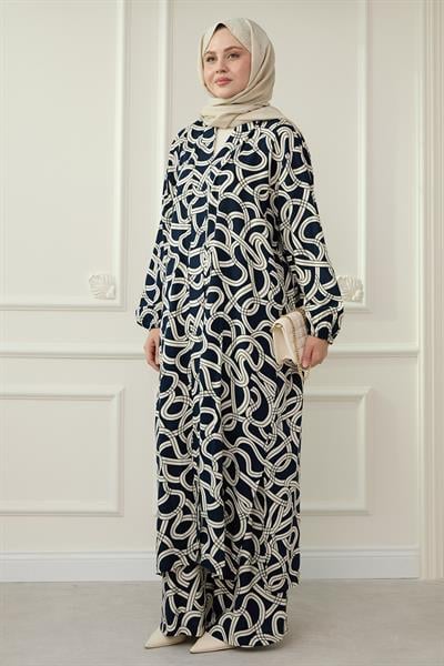 Zincir Desen Uzun Kimonolu Lacivert takım