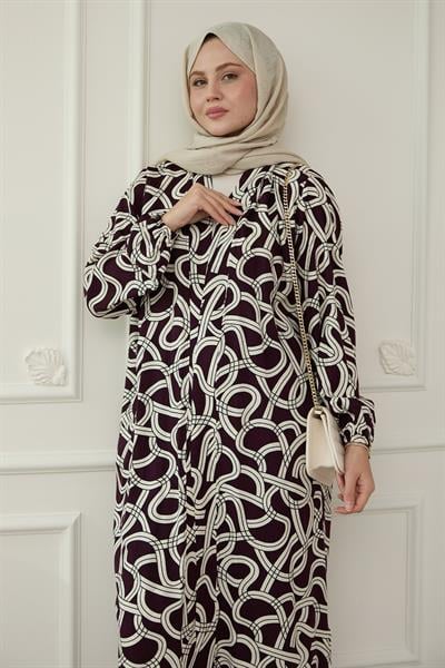 Zincir Desen Uzun Kimonolu Kahverengi Takım