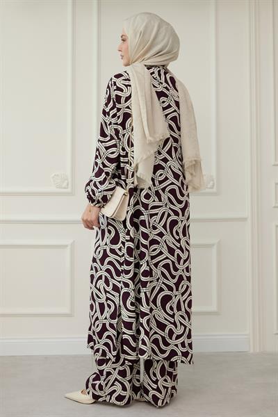 Zincir Desen Uzun Kimonolu Kahverengi Takım