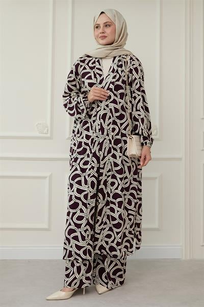 Zincir Desen Uzun Kimonolu Kahverengi Takım