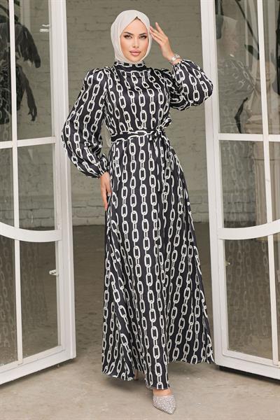 Zincirli Desen Siyah Saten Elbise