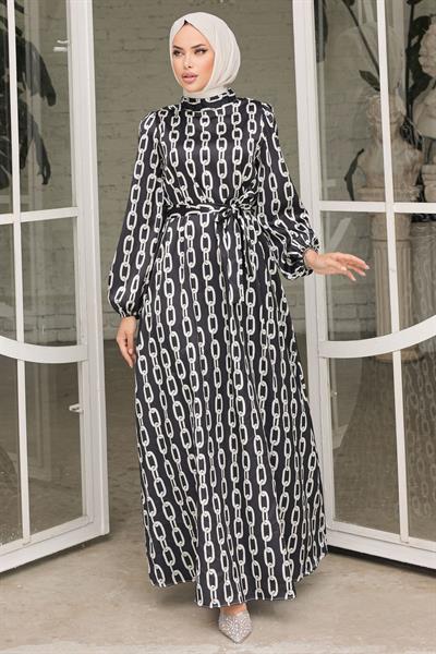 Zincirli Desen Siyah Saten Elbise