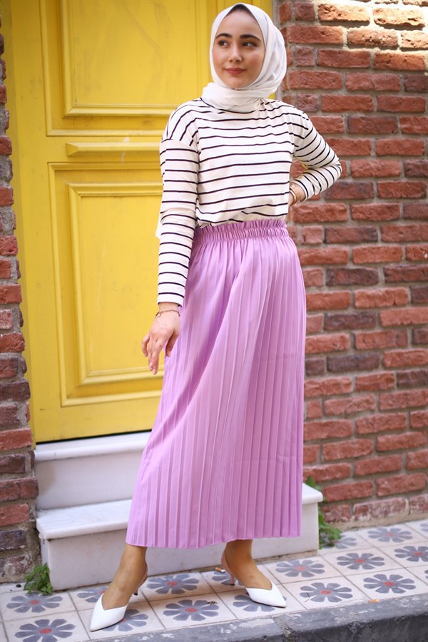 Elastic Waist Pleated Skirt - Light Purple.