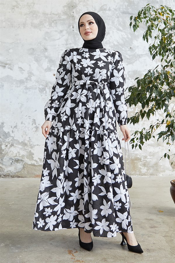 Large Acacia Pattern Belted Dress - Black
