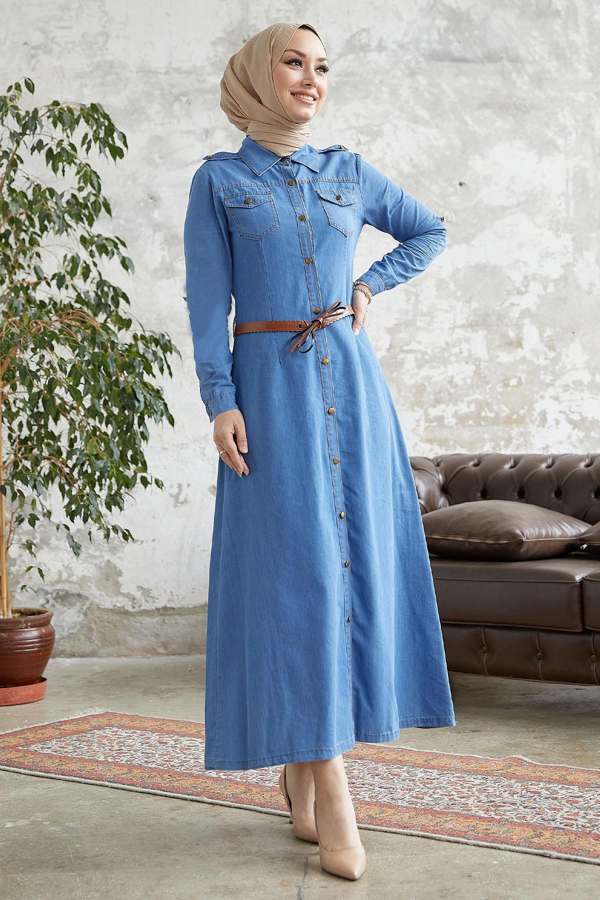 Asela Boydan Düğme Kemerli Kot Elbise - Mavi | Modasima.com