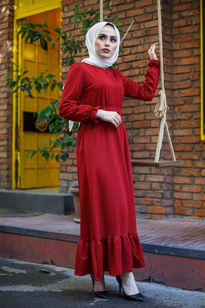 Belden Lastikli Kolu ve Etek Ucu Fırfırlı Tesettür Elbise - Kırmızı |  Modasima.com