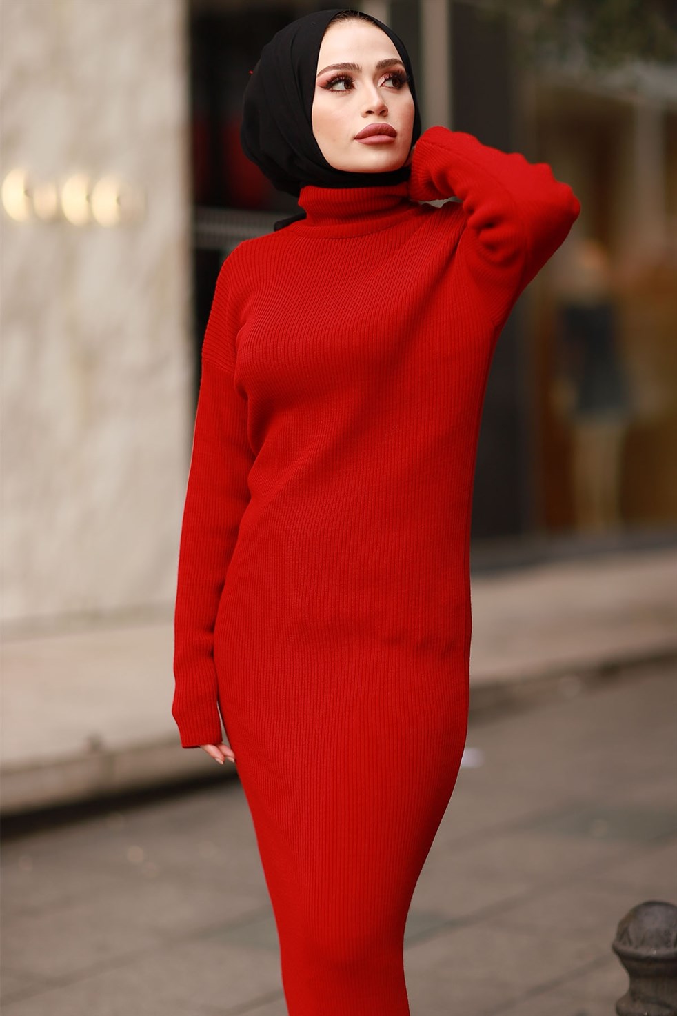 Boğazlı Triko Elbise - Kırmızı | Modasima.com