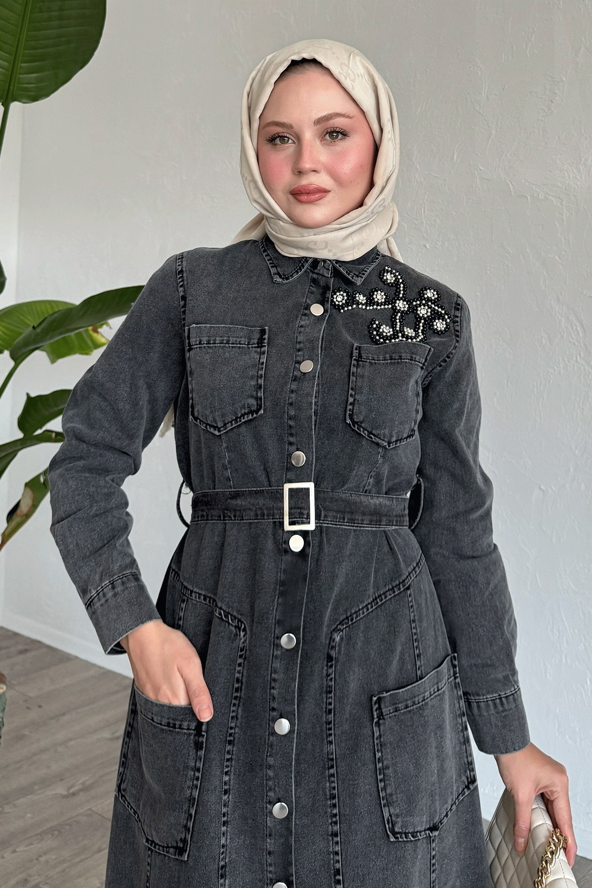 Beaded Belt Black Denim Dress