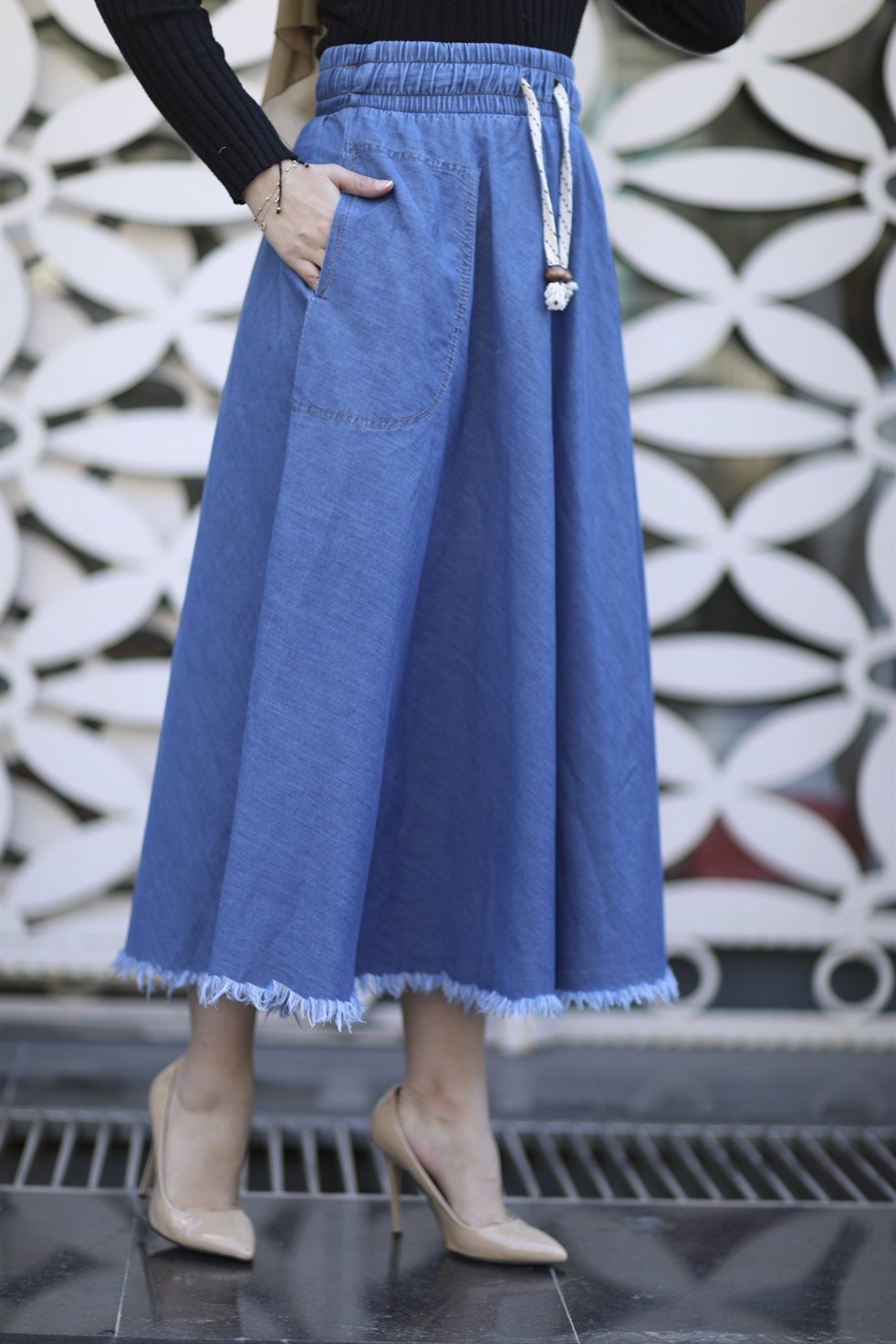 Denim Skirt With Pockets - Blue