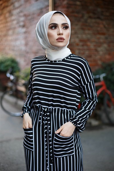 Çizgili Tesettür Elbise - Siyah | Modasima.com